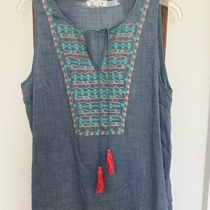 Embroidered Sleeveless Top - Blue with Red and Green Accents
